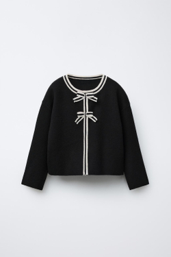 ZARA ТРИКОТАЖНЫЙ КАРДИГАН С БАНТИКАМИ, ЧЕРНЫЙ
