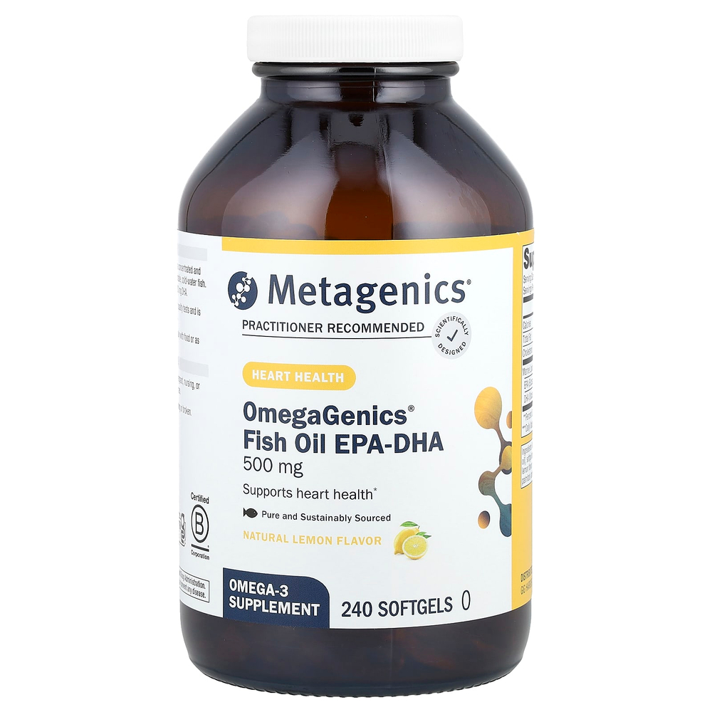 Metagenics, OmegaGenics®, рыбий жир с ЭПК и ДГК, натуральный лимонный вкус, 500 мг, 240 капсул