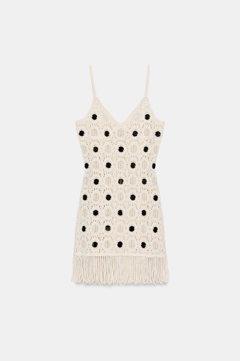 ZARA ТРИКОТАЖНОЕ ПЛАТЬЕ С ЗЕРКАЛЬНЫМИ ДЕТАЛЯМИ И БАХРОМОЙ, ЭКРЮ