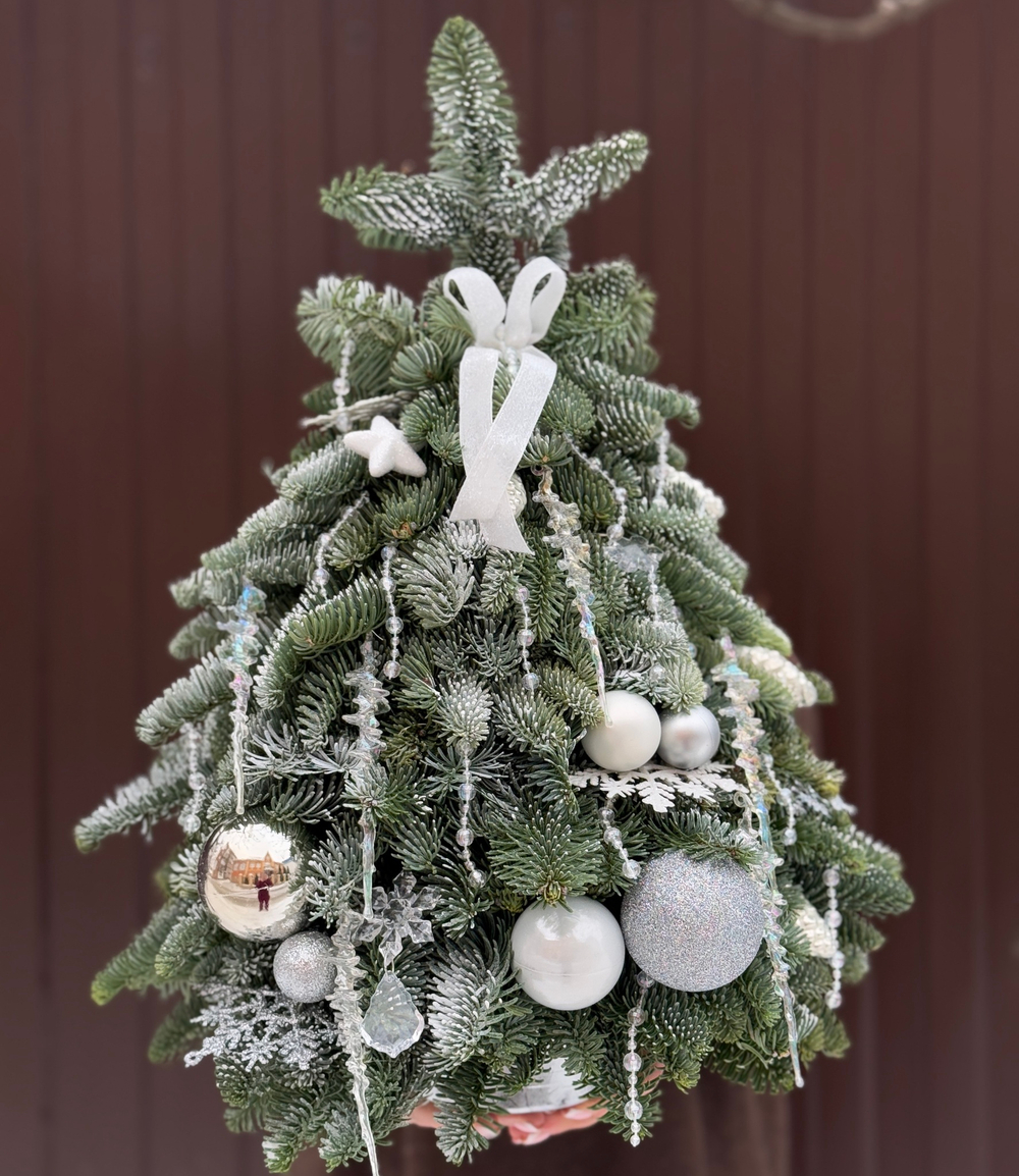 Новогодняя композиция из нобилиса "Елочка ручной работы", оформленная в трендовых тенденциях, 55-60 см