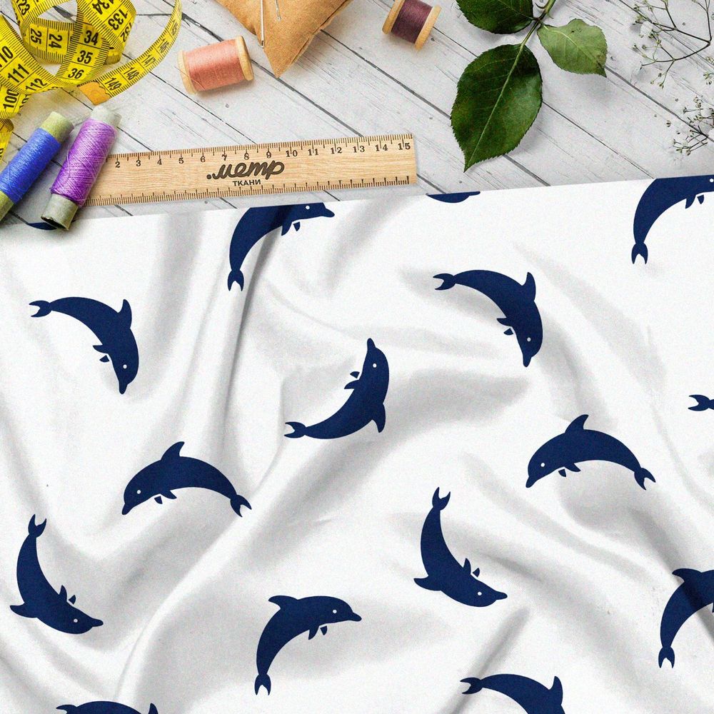 Ткань премиум атлас синие дельфины на белом