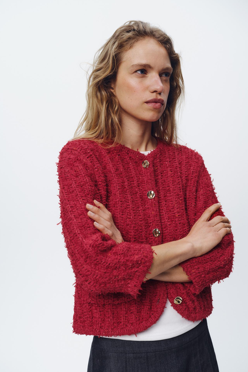 ZARA КАРДИГАН С РУКАВАМИ 3/4, КРАСНЫЙ