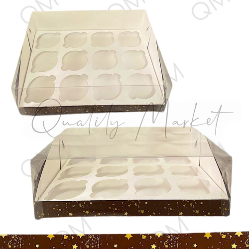 Коробка под капкейки с пластиковой крышкой 310*235*100 мм (12) (коричневая со звёздами), 10шт