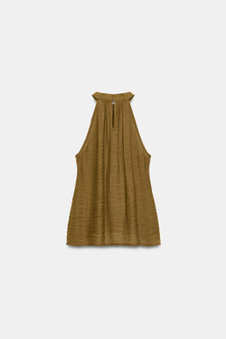 ZARA ТОП С ГОРЛОВИНОЙ ХАЛТЕР И СБОРКАМИ, ОЛИВКОВЫЙ