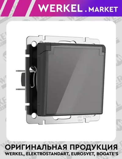 Розетка влагозащищенная с заземлением с крышкой и шторками (графит акрил) W1171244