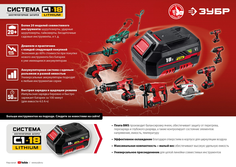 ЗУБР С1-18, 18 В, 125 мм, 1 АКБ (4 А·ч), УШМ, кейс (УШМ-18-125-41)