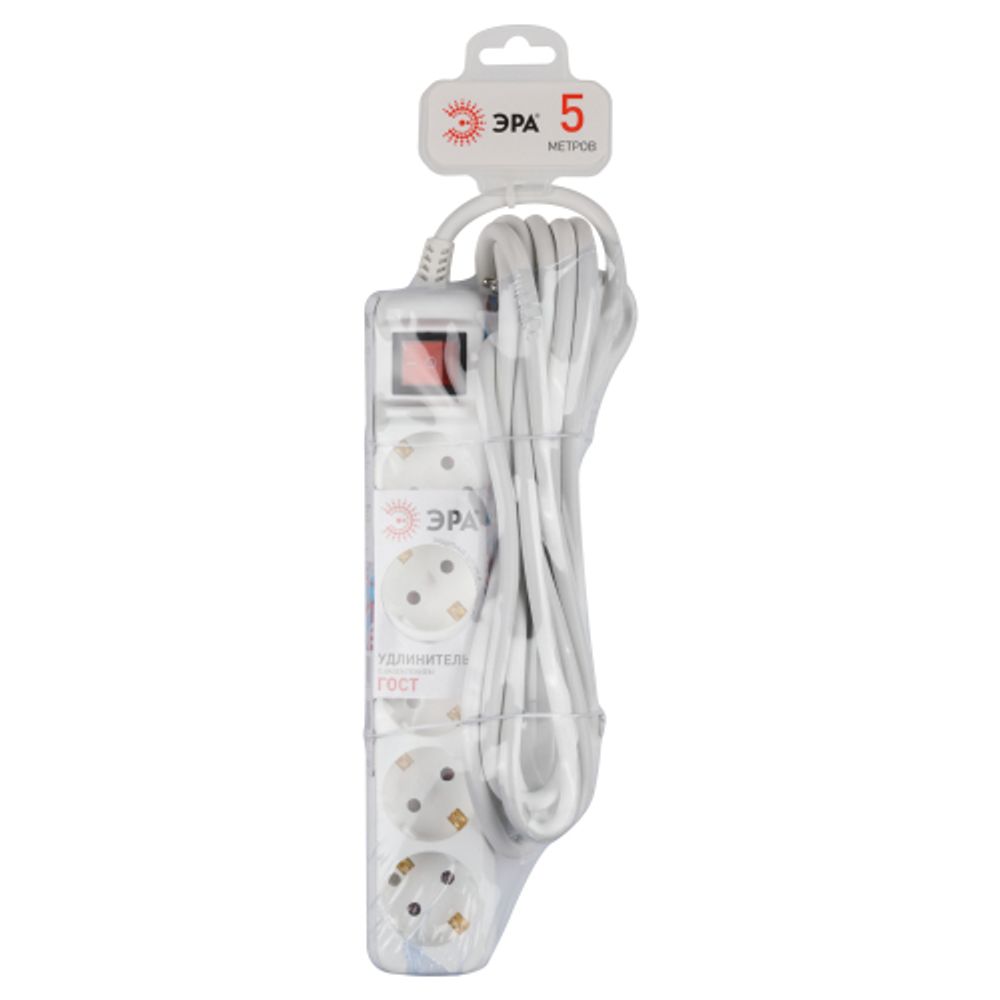 Удлинитель электрический ЭРА U-5es-5m-3x1,5 с заземлением с выключателем 5 розеток 5м ПВС 3x1,5мм2 16А