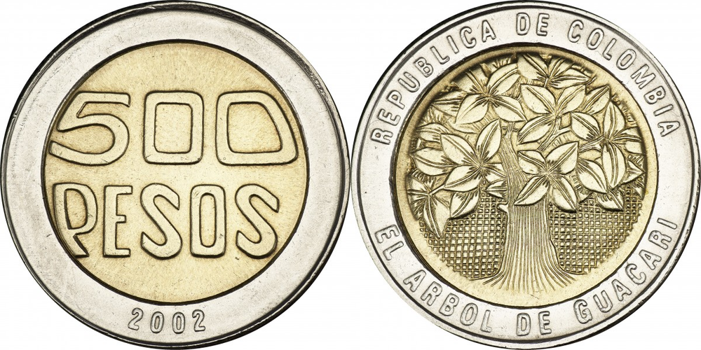 Колумбия 500 песо, 1993 - 2012 Дождевое дерево XF