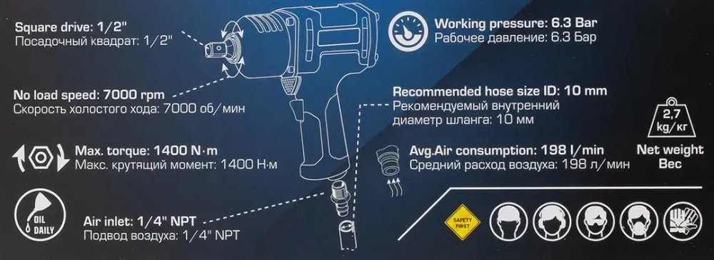 Пневмогайковерт ударный ''Twin Hammer''с реверсом и регулировкой усилия 1/2''(1400Hм, 7000 об/мин,6.3bar,вес 3.2кг) Forsage F-NC-4236