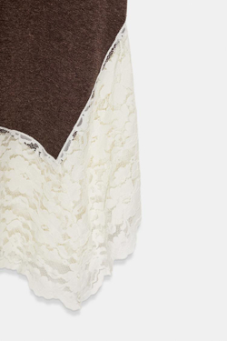 ZARA ДЛИННОЕ КОМБИНИРОВАННОЕ ПЛАТЬЕ С КРУЖЕВОМ, КОРИЧНЕВЫЙ