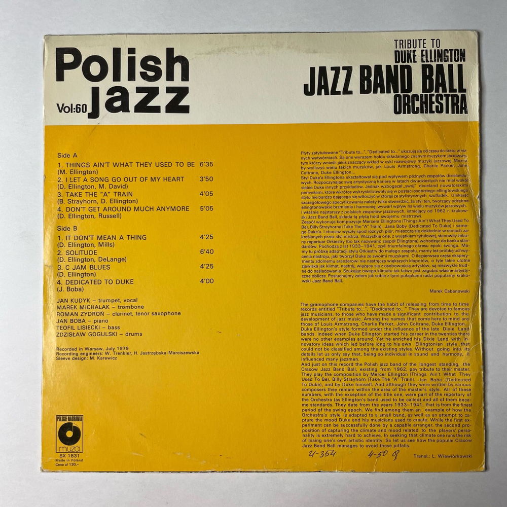 Винтажная виниловая пластинка LP Jazz Band Ball Orchestra Tribute To Duke Ellington (Польша 1979)