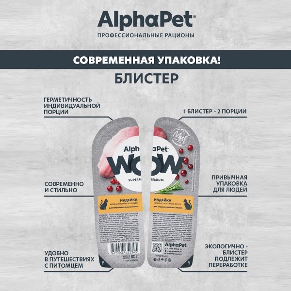 Влажный корм AlphaPet WOW Superpremium для взрослых стерилизованных кошек «Индейка нежные ломтики в соусе»