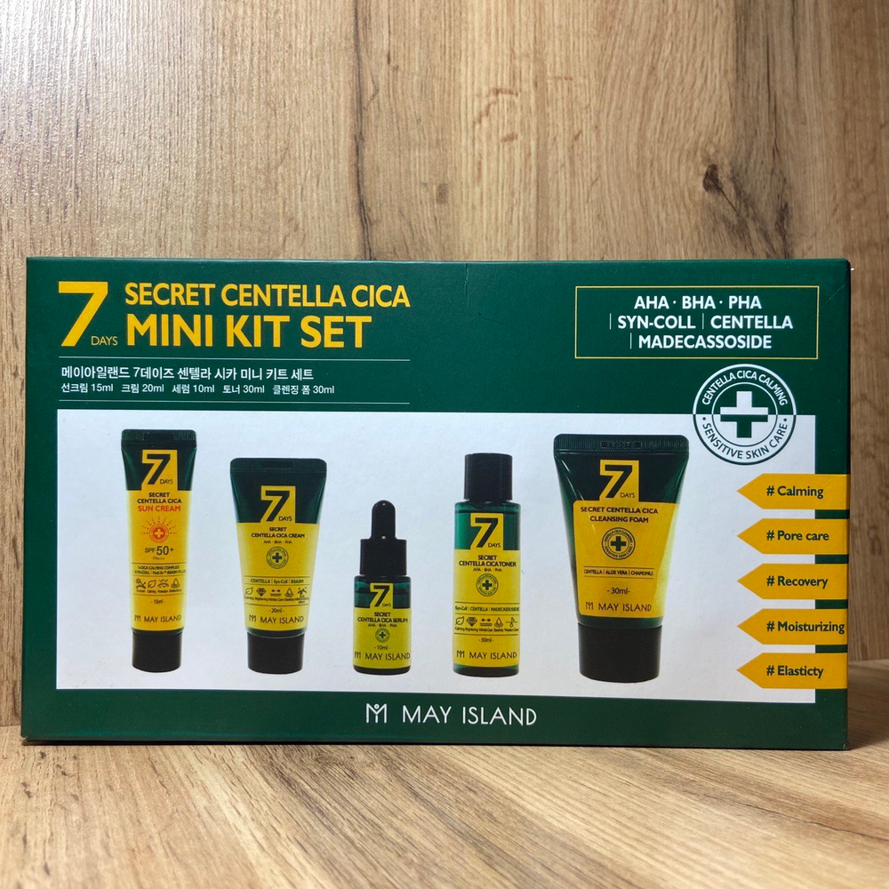 Набор для ухода за лицом May Island 7 Days AHA-BHA-PHA Secret Centella Cica Mini Kit Set с кислотами и экстрактом центеллы азиатской (тонер, сыворотка, крем, крем SPF50+ PA+++, пенка для умывания)