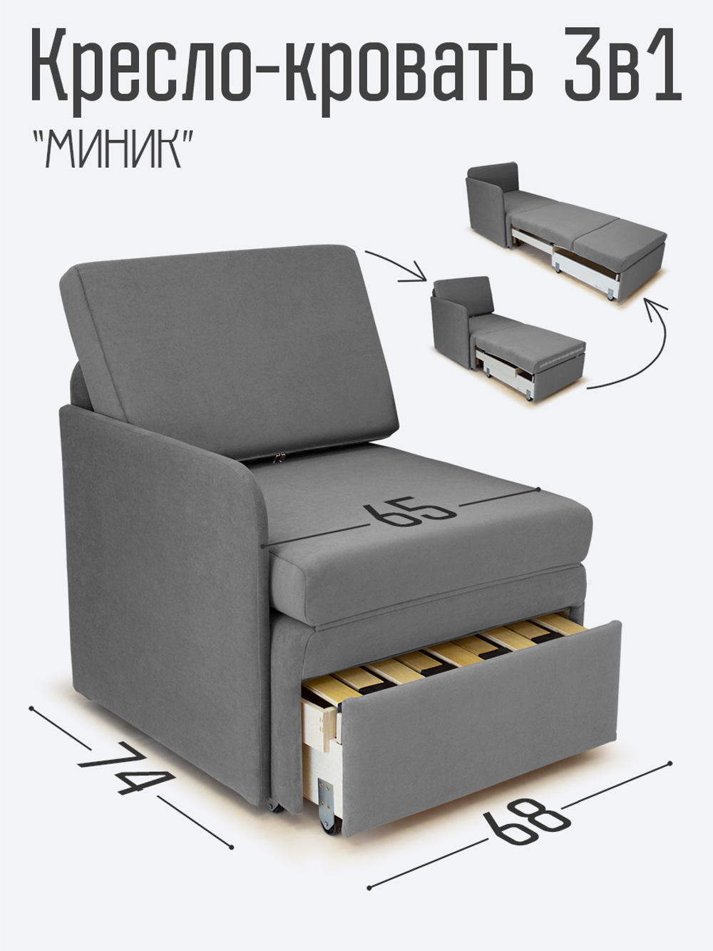 Кресло-кровать "Миник" с правым подлокотником, под правую руку, велюр Candy Grey