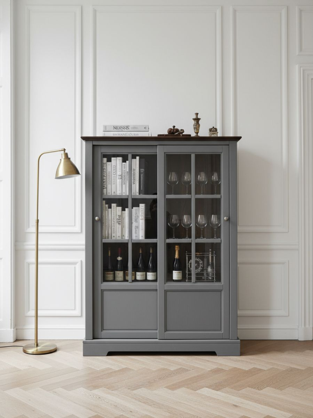 Шкаф витрина, 103х41х139, Лэйквью, буфет в кухню, сервант с 2 раздвижными дверями из массива дерева, MAKOSA