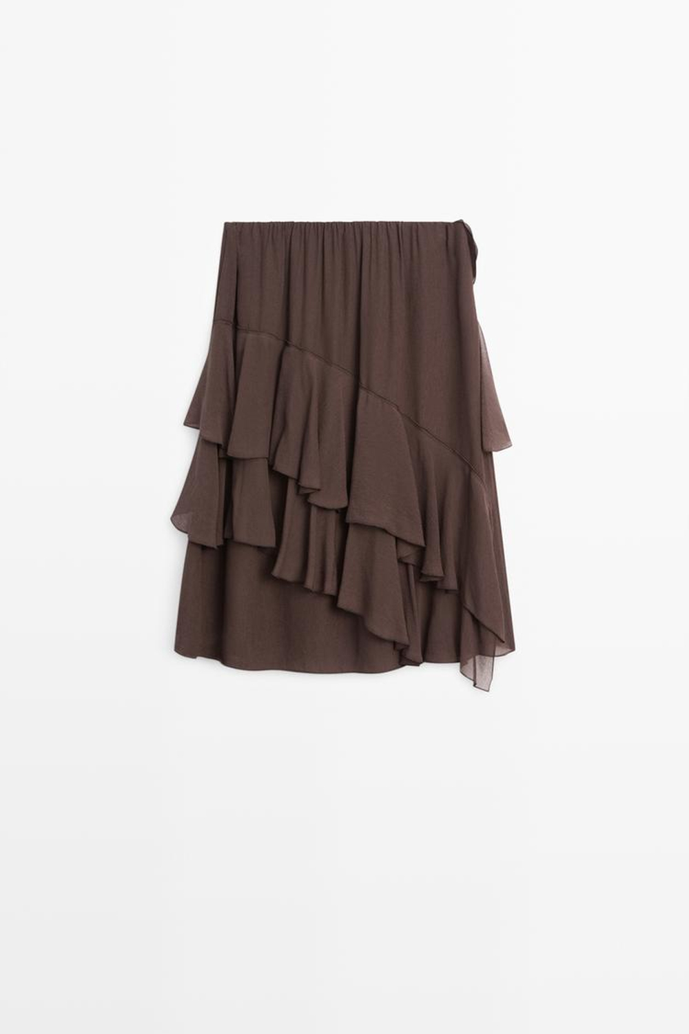 Massimo Dutti Струящаяся юбка миди с оборками, шоколадный