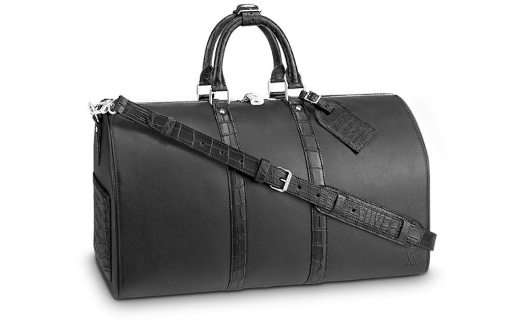 LOUIS VUITTON Keepall Crocodile Leather With Calfskin One Shoulder Crossbody Handheld Travel Bag Men"s Black