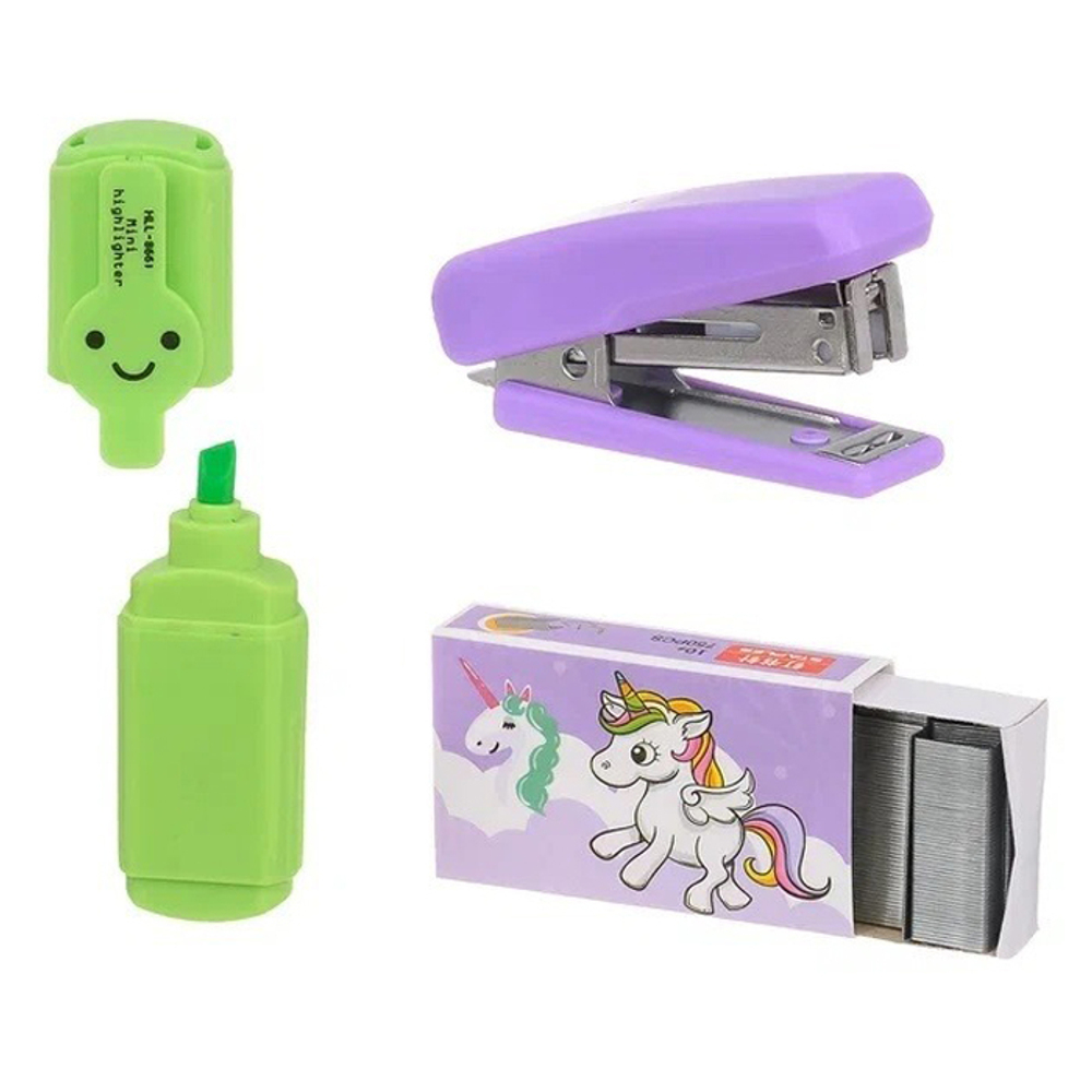 Канцелярский набор Basir с цветным текстовыделителем, степлером и скобами, серия "Единорог", ассорти