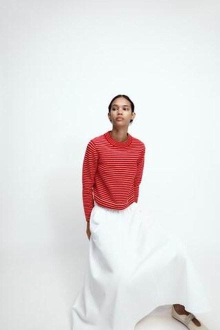 ZARA УКОРОЧЕННЫЙ СВИТЕР В ПОЛОСКУ, КРАСНЫЙ/БЕЛЫЙ