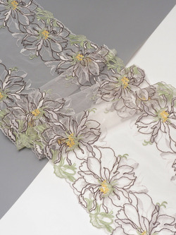 Кружево вышивка на сетке цвет мультиколор (фисташковый, шоколад, желтый, белый) неэластичная ширина 27 см