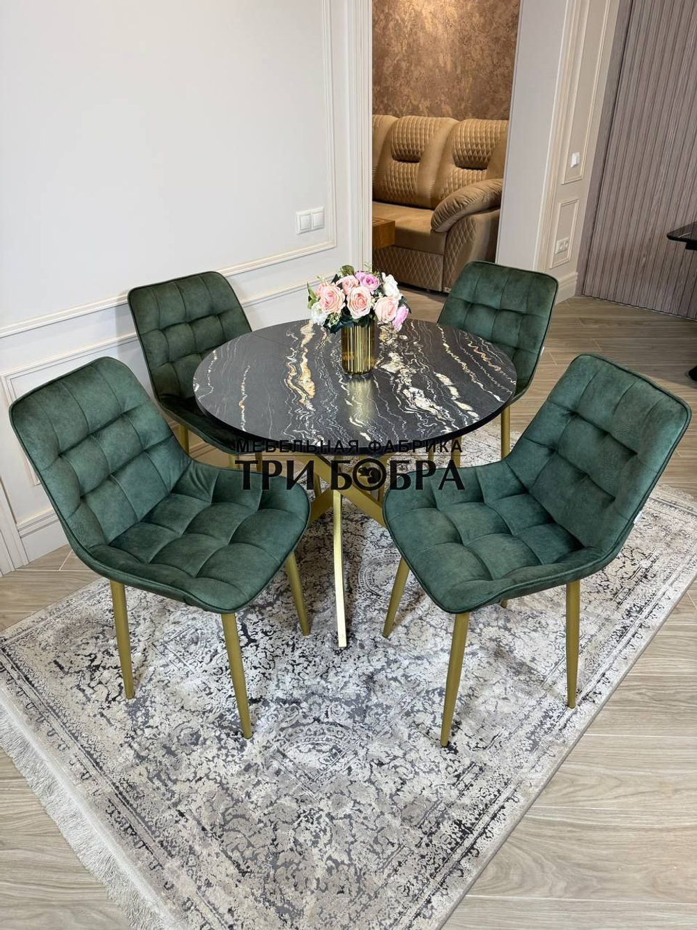 Круглый раздвижной стол "Лофт", луанда и стулья "Бостон" оливковый