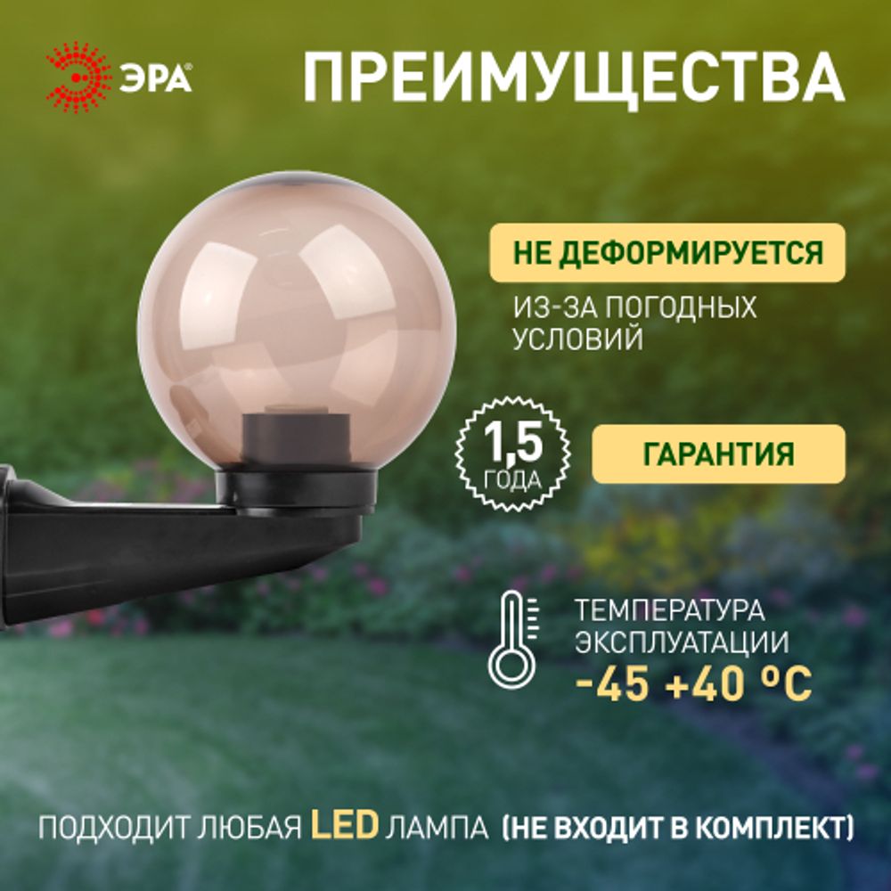 Садово-парковый светильник ЭРА НБУ 01-60-205 шар дымчатый настенный IP44 Е27 max60Вт d200mm | Садово-парковые светильники
