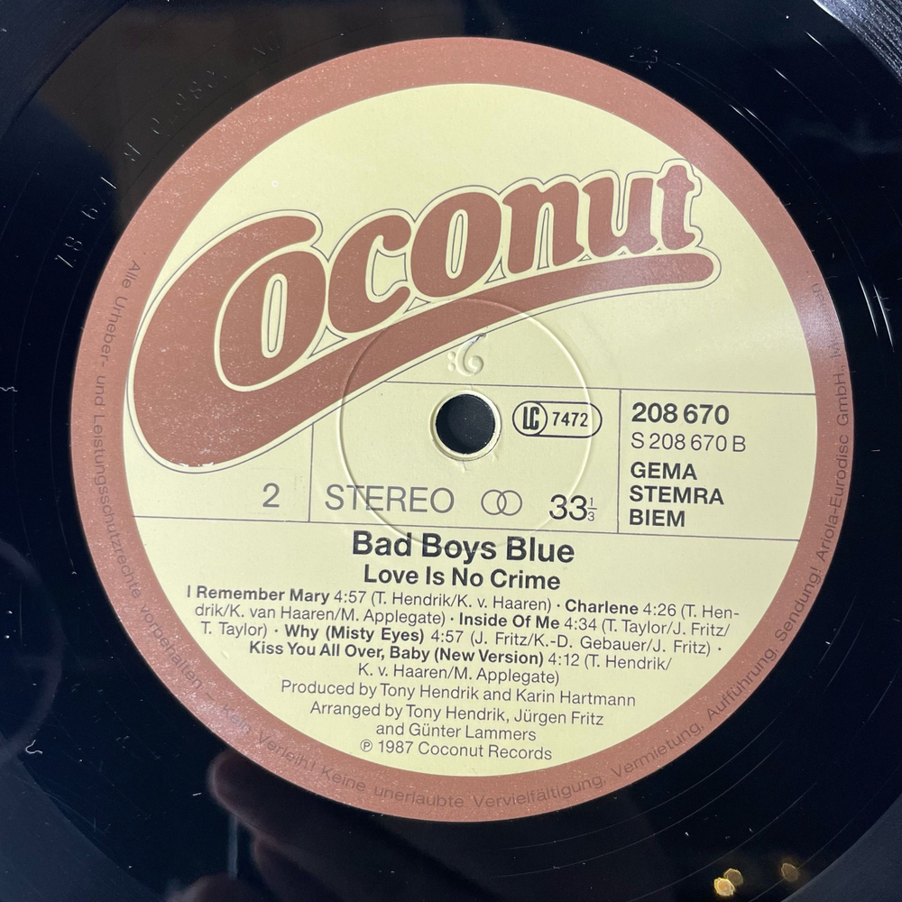 Винтажная виниловая пластинка LP Bad Boys Blue Love Is No Crime (Германия 1987)