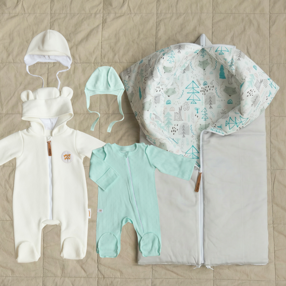 Комплект на выписку Волчата и ёлочки (светло-серый)/Молочный (5 предметов)