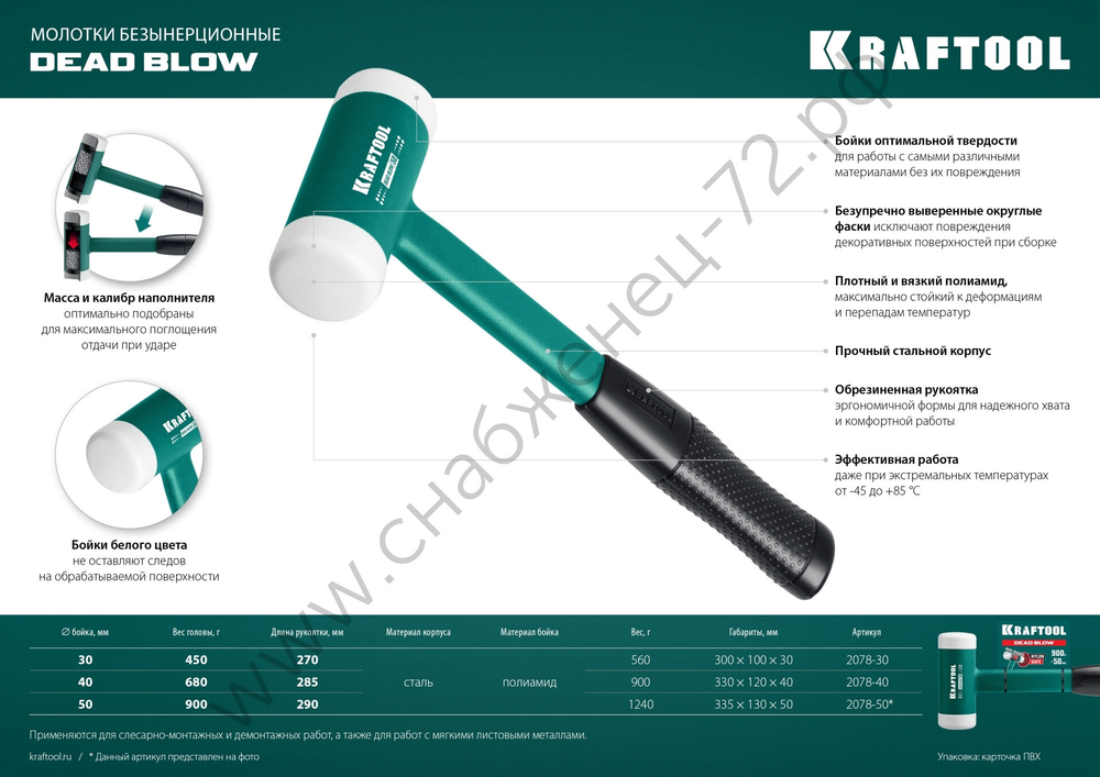 KRAFTOOL Dead Blow 50 мм, 900 г, Безынерционный молоток (2078-50)