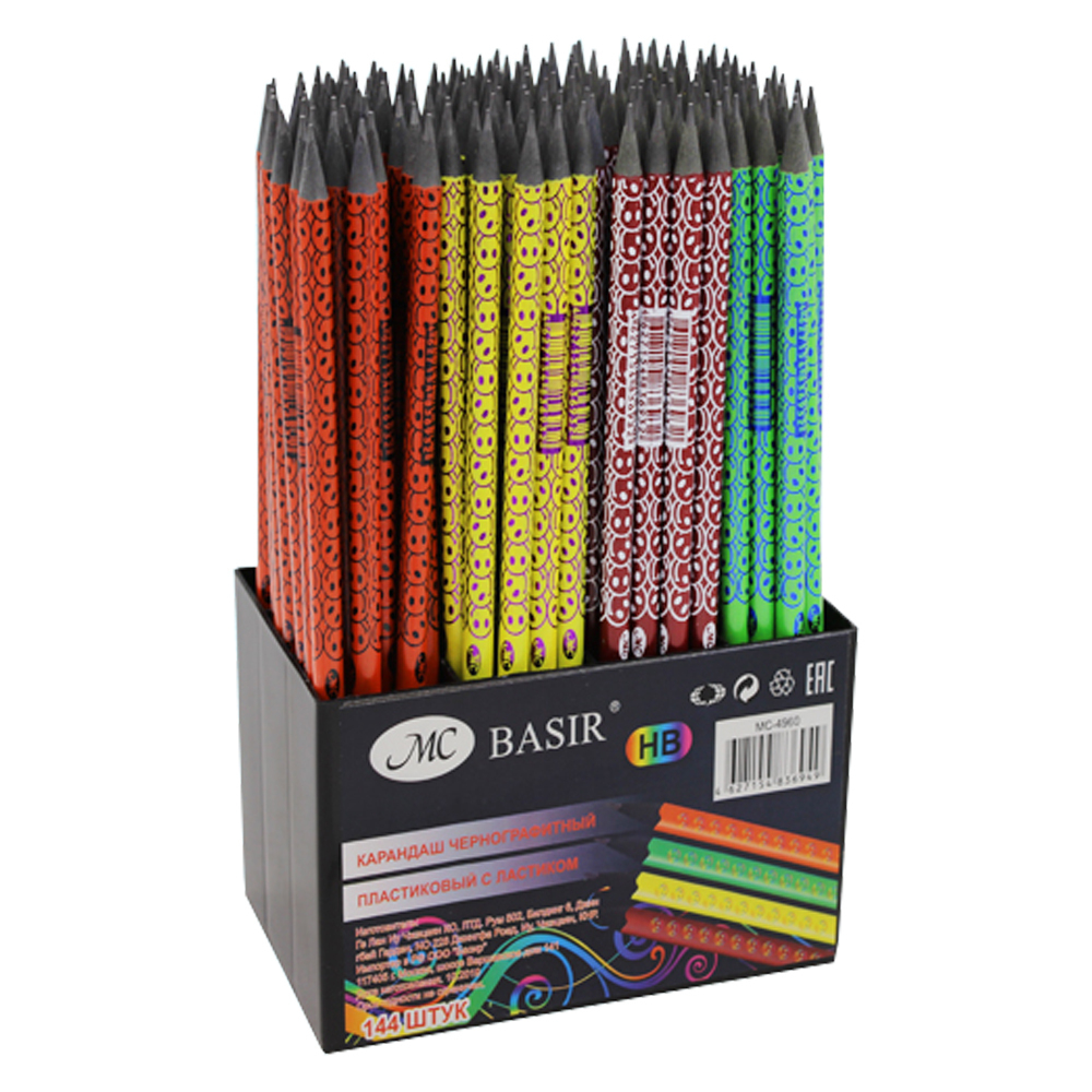 Карандаш простой, чернографитный, Basir, пластиковый, с ластиком, цветной корпус, 144 шт