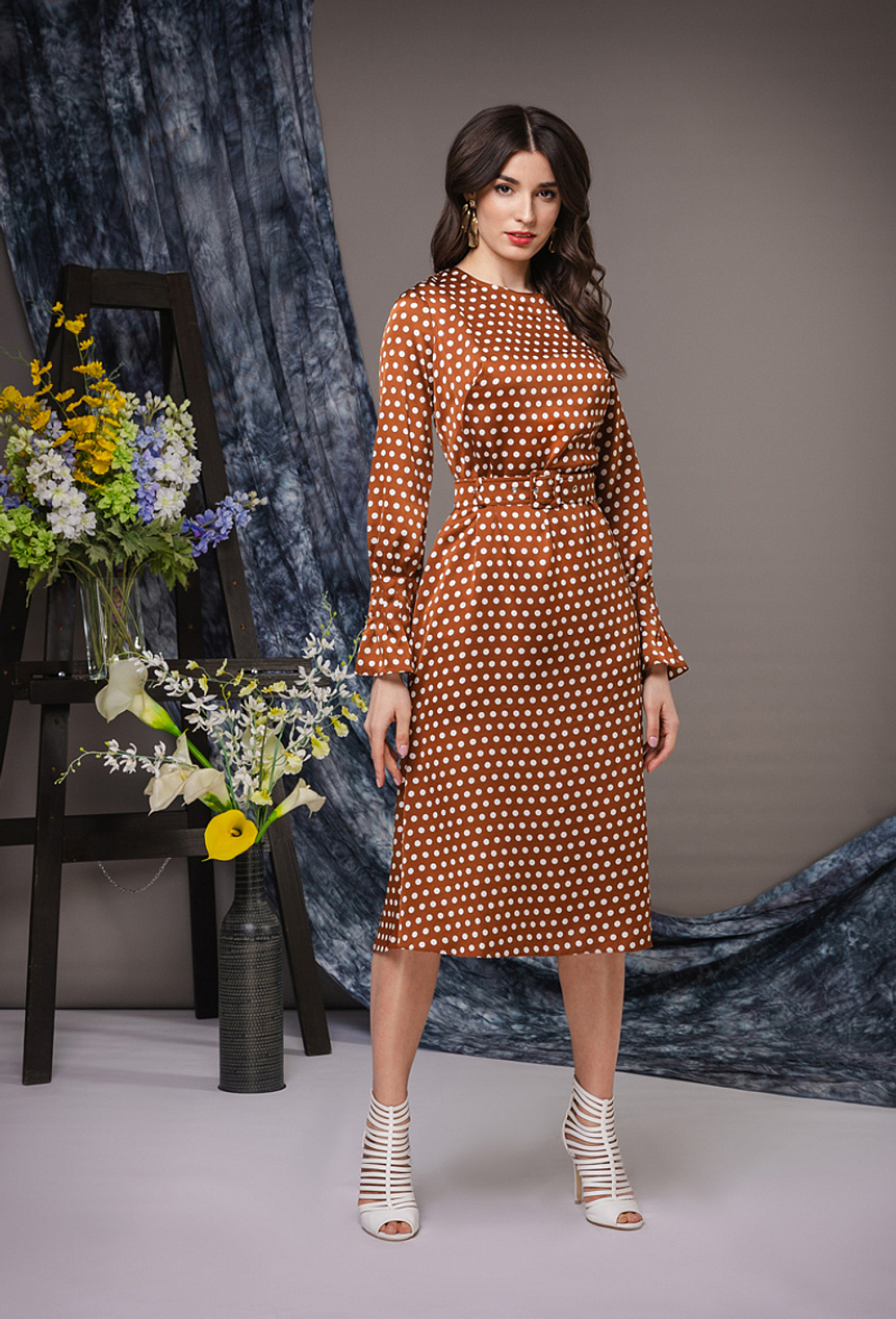 Платье шёлковое, юбка-годе коричневое в белый горошек 04-01-22 SS