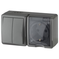 11-7402-03 ЭРА Блок розетка+выключатель двойной IP54, 16A(10AX)-250В, ОУ, Эра Эксперт, серый | Эра Эксперт