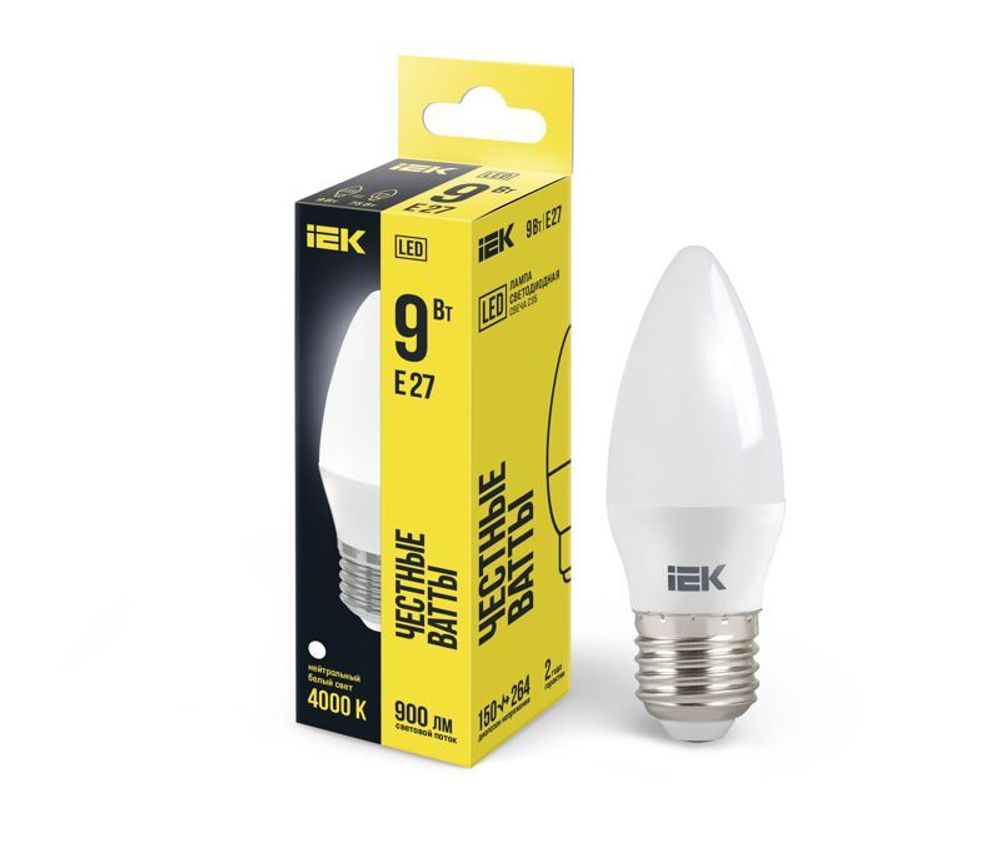 Лампа светодиодная 9Вт C35 свеча 4000К нейтр. бел. E27 230В IEK LLE-C35-9-230-40-E27