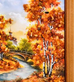 AMB-74/64 Картина «Церквушка в лесу» (с янтарной крошкой) дер.краш.рамка 12х15