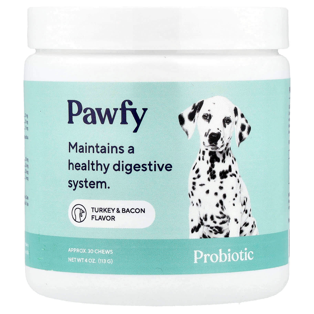 Pawfy, Пробиотик, для собак, от 6 месяцев, индейка и бекон, 30 жевательных таблеток, 113 г (4 унции)
