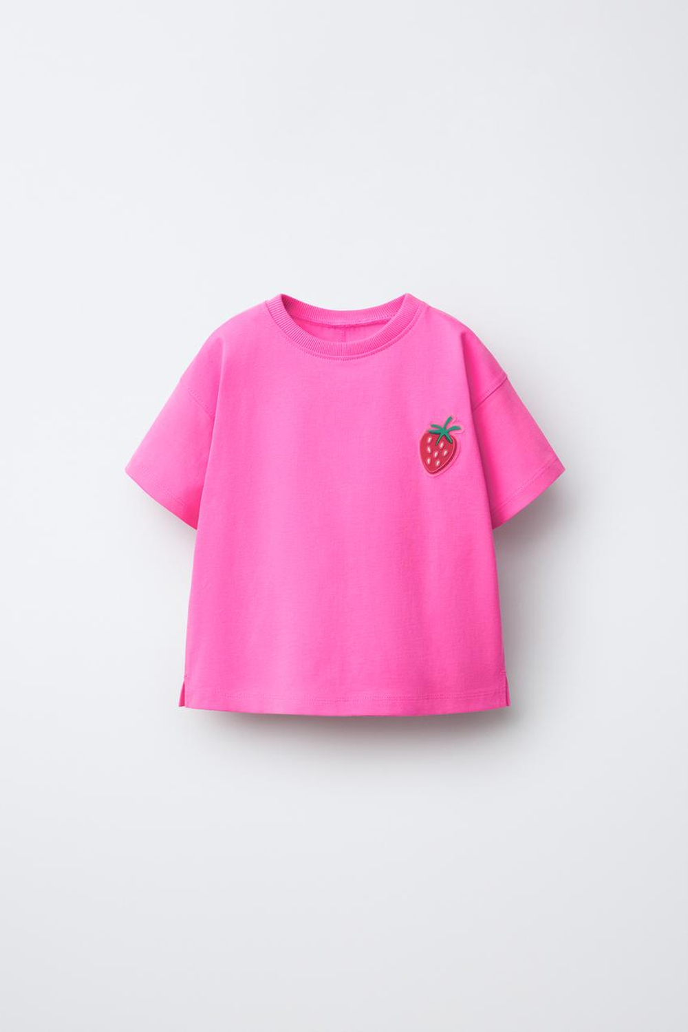 ZARA ФУТБОЛКА С ПРОРЕЗИНЕННОЙ НАШИВКОЙ, НЕОНОВЫЙ РОЗОВЫЙ