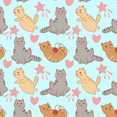 котики, сердечки и звездочки на голубом
