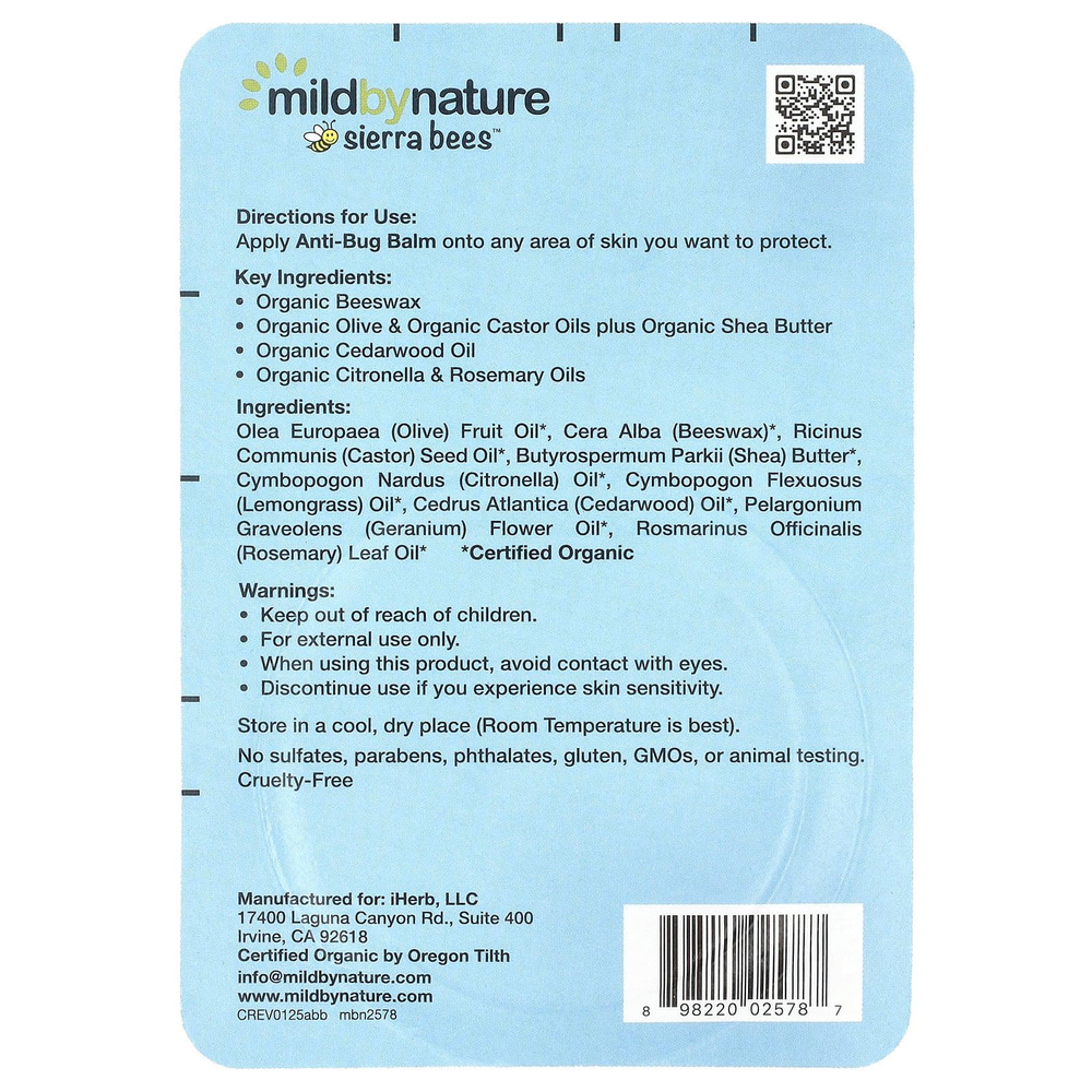Mild By Nature, Sierra Bees™, бальзам от укусов насекомых, масло кедра, герани и розмарина, 17 г (0,6 унции)