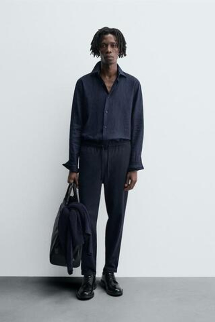 ZARA БРЮКИ EASY CARE С ПОЯСОМ НА ШНУРКЕ, СИНИЙ