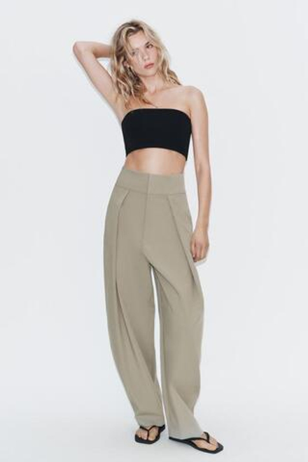ZARA БРЮКИ BALLOON С ЗАЩИПАМИ, МЯГКИЙ ЗЕЛЕНЫЙ