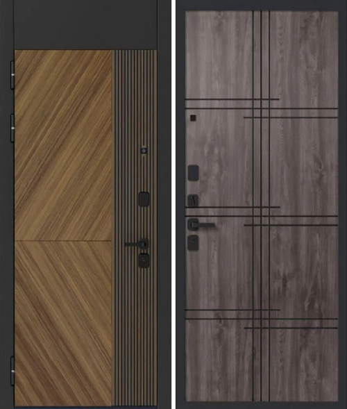 Входная дверь Волга-Бункер СЕНАТОР Чёрный муар+Орех Ларче+Шпон - Grey oak Vinorit