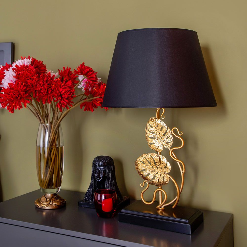 Настольная лампа Monstera Deliciosa (Монстера) Каштан Амбер с абажуром Сити Черный