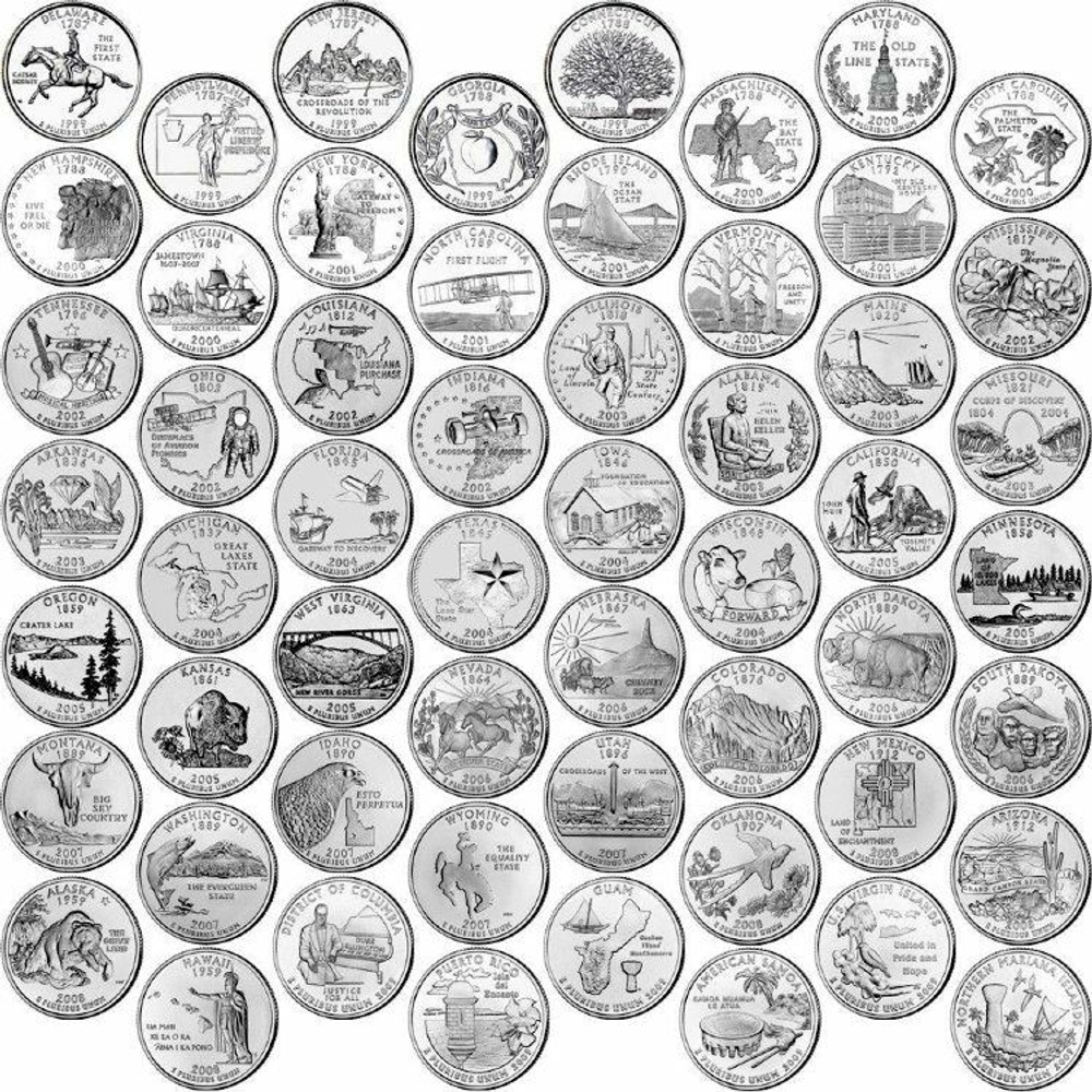 США 25 центов 1999 - 2009 Квотеры штаты и территории 56 монет