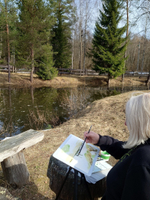 Картина авторская акварельная в паспарту 30х40 см на стену для интерьера "На берегу пруда в Тованово"