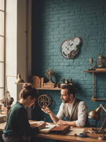 Интерьер в стиле лофт с настенными часами WOODandROOT Automaton 1789 Hermitage и людьми в творческой мастерской