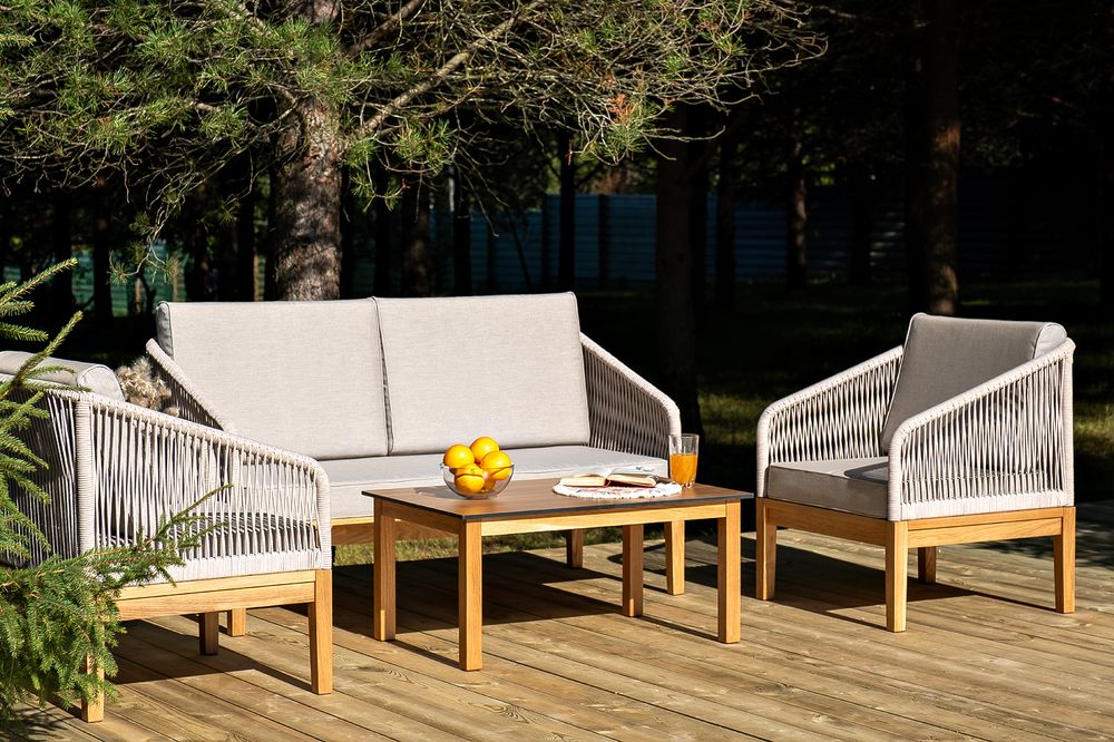 "Канны" лаунж-зона 4-местная из роупа со столиком "Канны" цвета "дуб", основание дуб, роуп бежевый