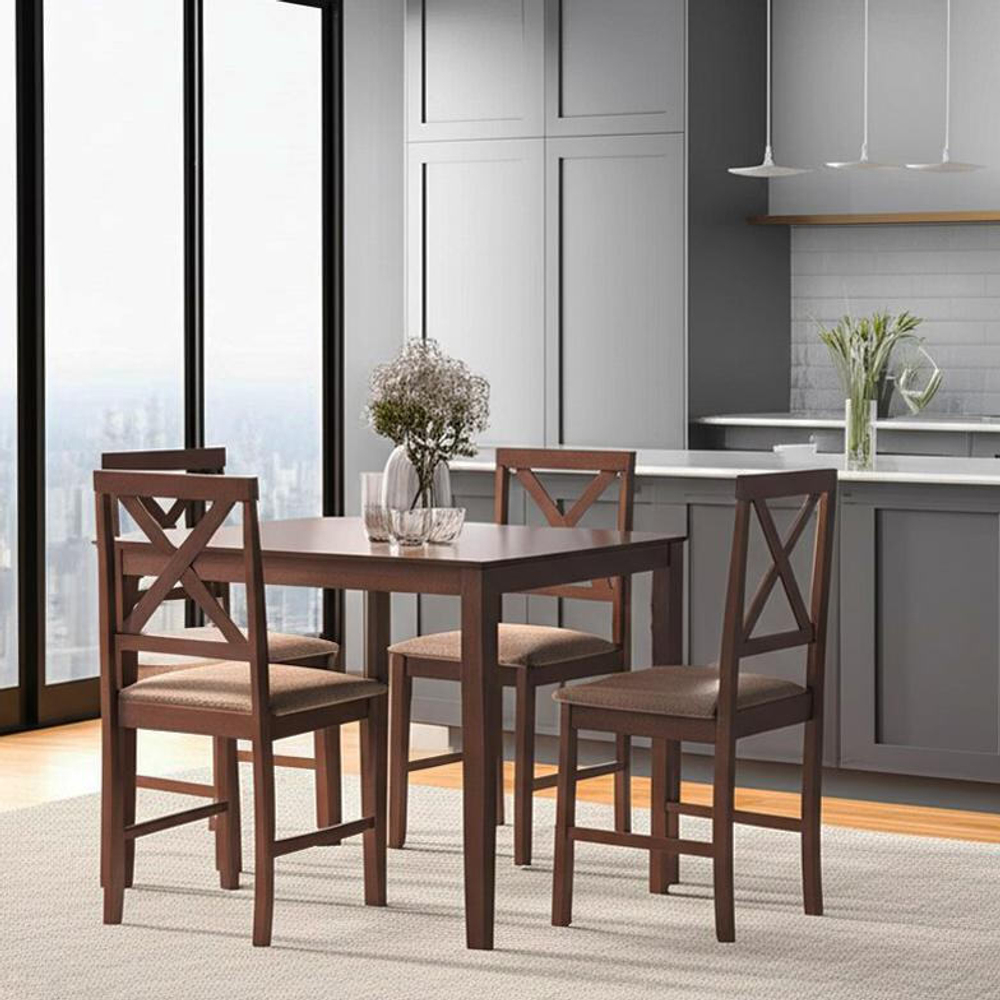 Обеденный комплект Хадсон (стол + 4 стула)/ Hudson Dining Set дерево гевея/мдф, стол: 110х70х75см / стул: 44х42х89см, cappuccino (темный орех), ткань кор.-зол. (1
