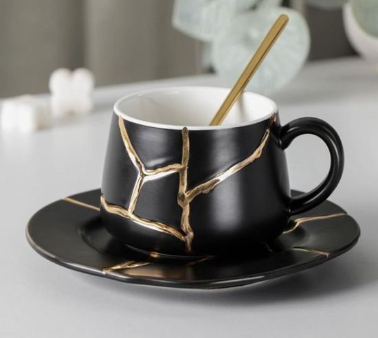 Чайная пара «Кракле с золотом», чашка 230 мл, блюдце, ложка, цвет черный