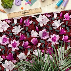 Ткань бифлекс яркие цветы и искривлённые веточки на красном фоне