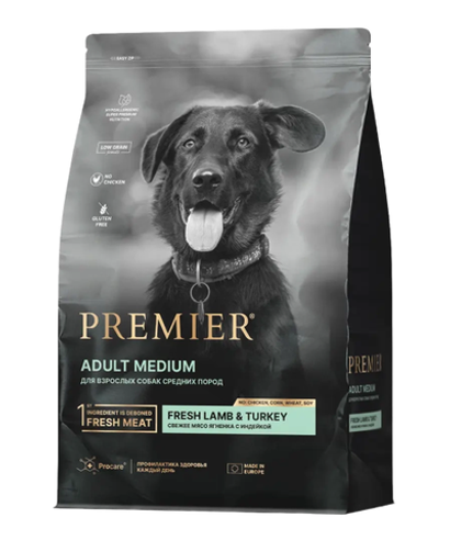 Сухой корм для взрослых собак Premier Dog Adult Medium средних пород с чувствительным пищеварением ягненок с индейкой 1кг